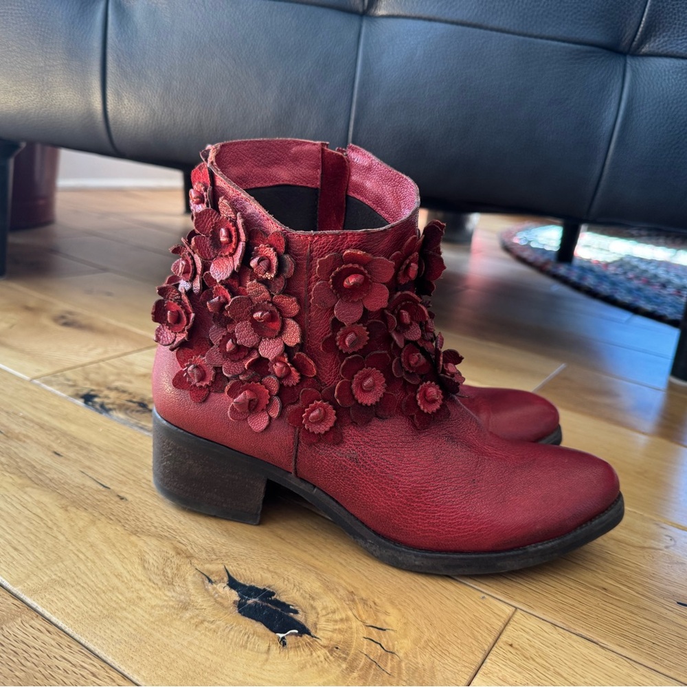 Floral Red Leather Ankle Boots